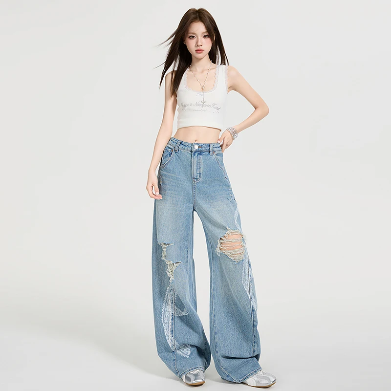 

Jeans For Woman Y2k Pants 2025 Spring Summer Light Blue Wide Leg Ripped Floral Print Design High Waist Straight Slim Fit