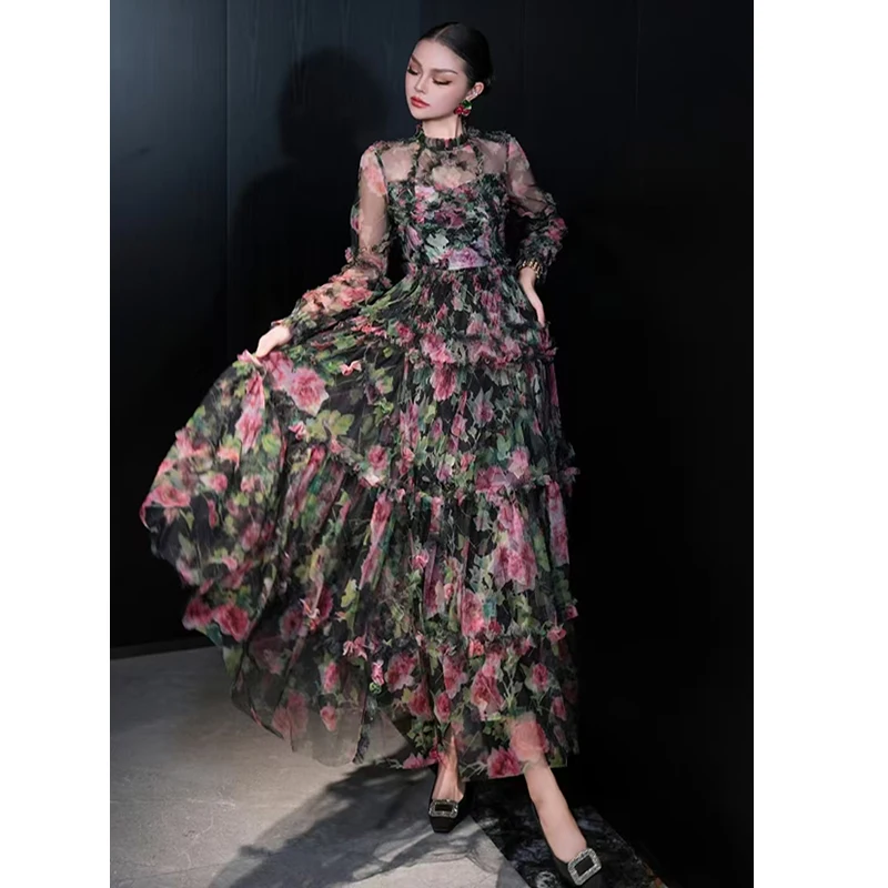 الربيع والصيف س الرقبة منظور بأكمام طويلة الربط الدانتيل الشيفون النسيج الطباعة رومانسية النمط الفرنسي المرأة فستان طويل #1