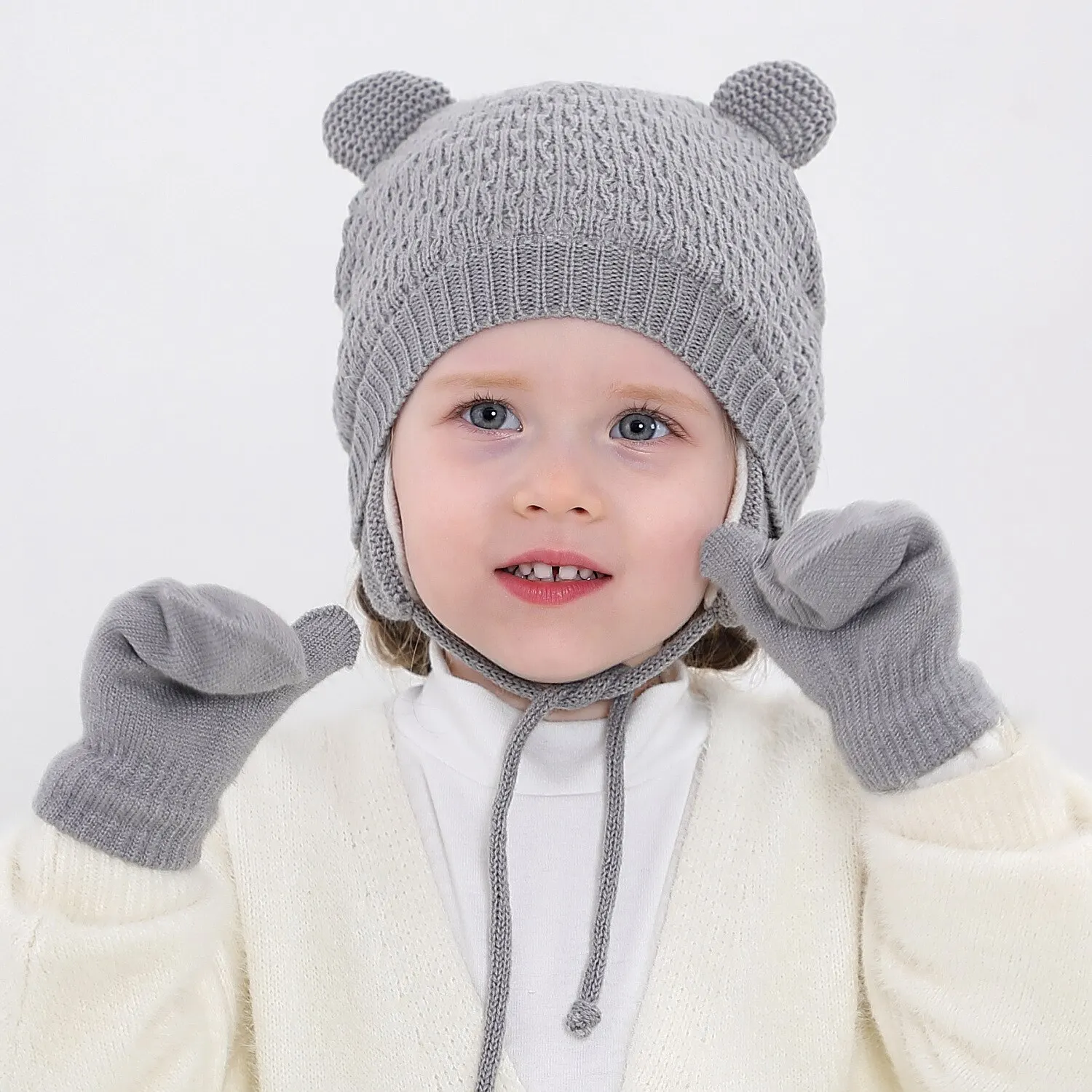 2Pcs Baby Knit Gloves Hat Set Solid Color Autumn Winter Ear Protection Infant Toddler Beanie Cap for Girls Boys Cute Outdoor War