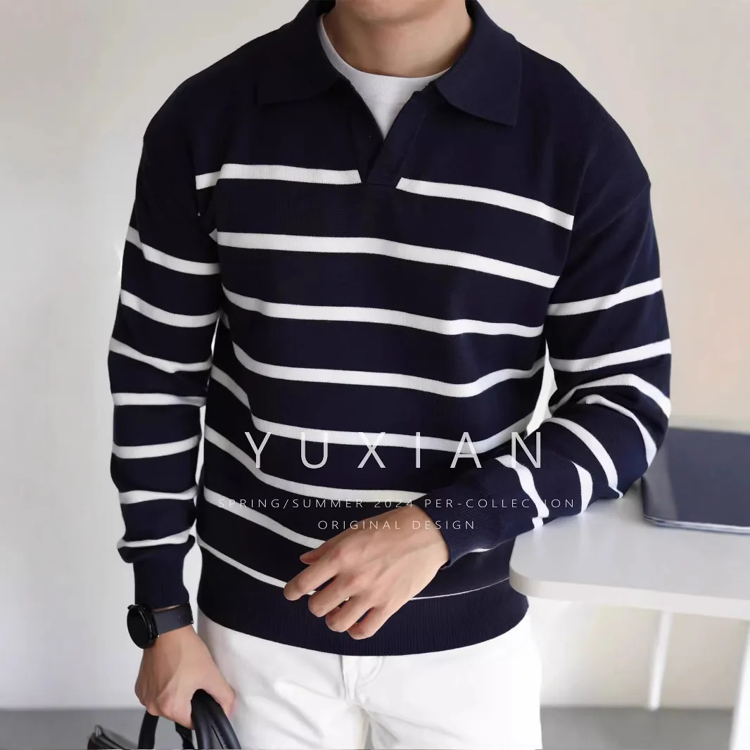 

Design Sense V-neck Striped Sweater for Men's Autumn and Winter Casual Long Sleeved Knitted Sweater for Men's Thread Clothing