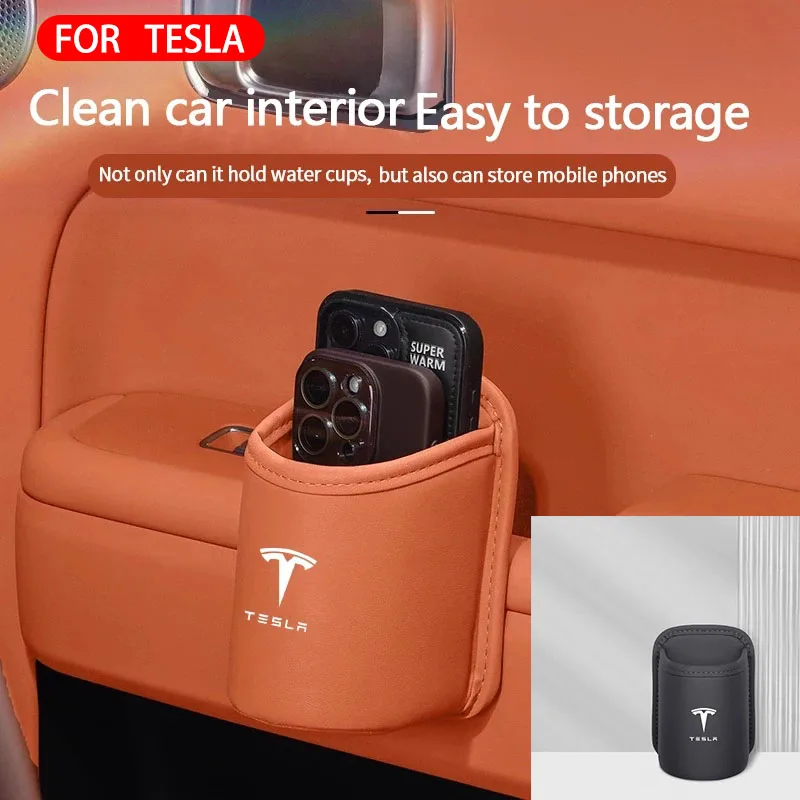 

PU Leather Car Interior Door Cup Holder Drink Phone Storage Bin for Tesla Logo Model X Y 3 S P75D P85D Roadster car sticker