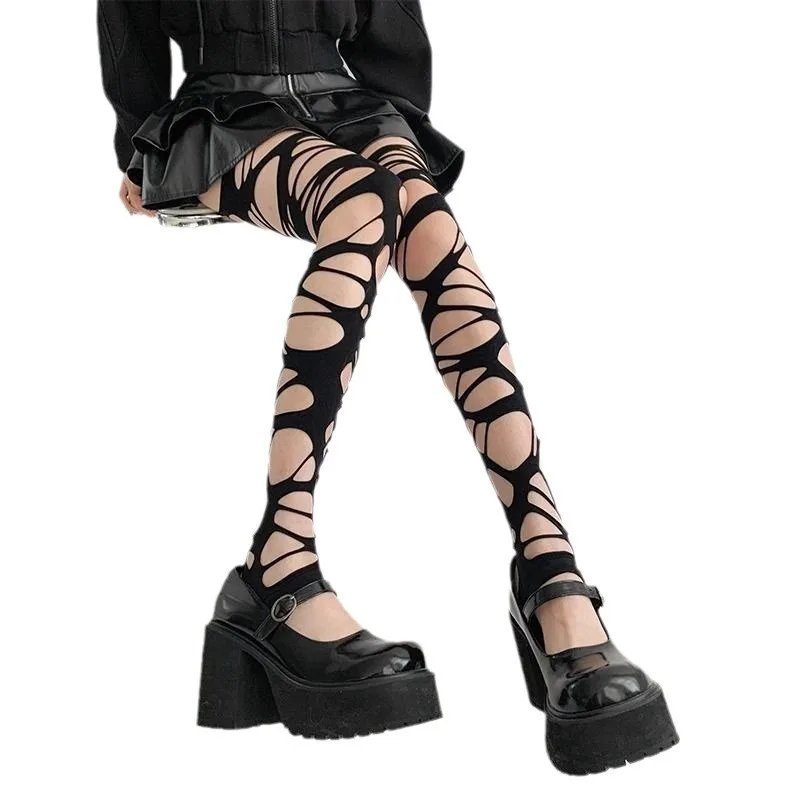 Lange buistrend onregelmatige Goth Punk Le Meat Babes subcultuur zwarte gescheurde kousen legging mesh sokken