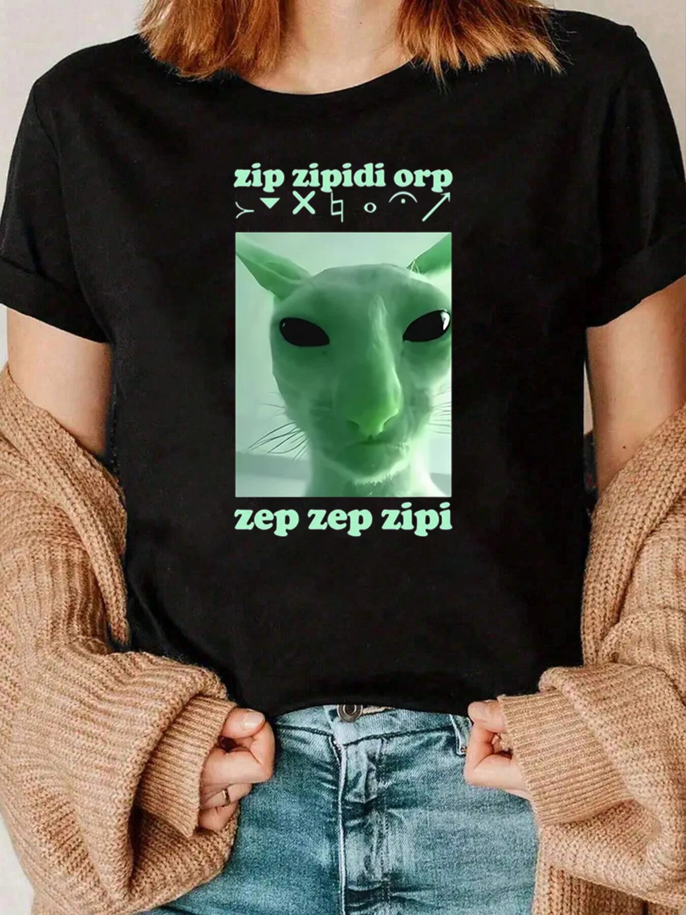 Camiseta con estampado de cara y texto de gato verde, ropa informal para mujer, 220g