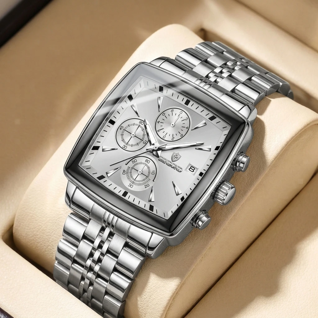 1 piece Square Dial Watch, Silver Metal Strap, Multifunctional Chronograph, Stylish and Simple, Business Casual Men's Wristwatch