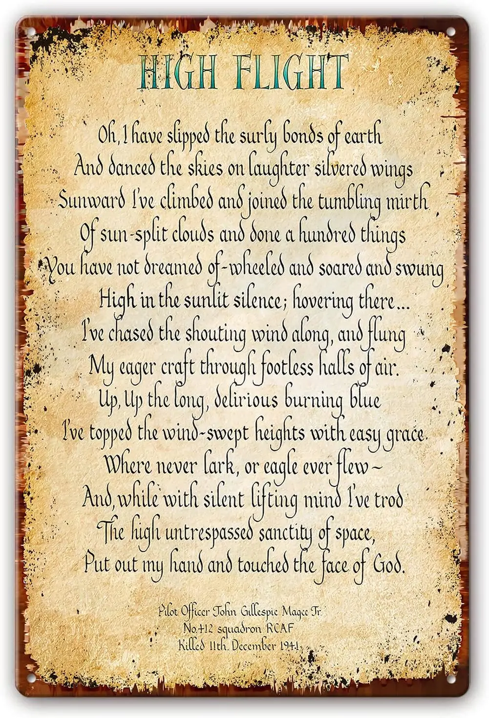 High Flight Poem Wall Decor Metal Tin Sign John Gillespie Magee Jr Quotes Wall Art Poetry Poster for Bedroom Contemporary H sign