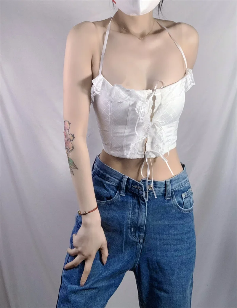 Cute Girl Sle Lace Trim Splice  Top Hanging Ne Sexy Bal Belted Versatile Slim High Waist Strap Vest for Women