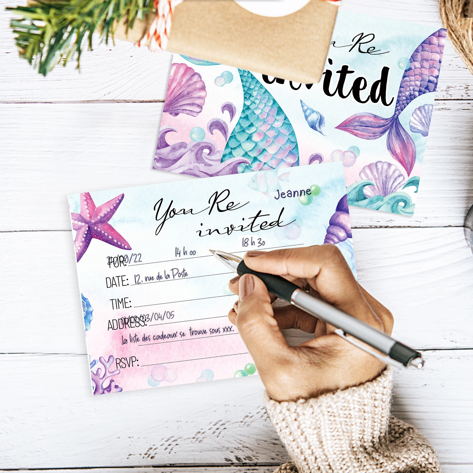 بطاقة دعوة لحفلة عيد الميلاد ، دعوات لطيفة ، حورية البحر تحت الماء ، حيوان بحري ، أرجواني ووردي ، 12 * #6
