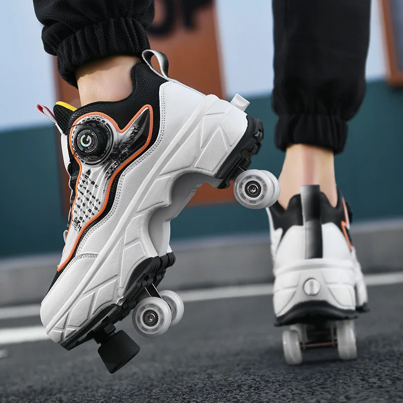 

PONERAIT Double-Row Deformation Retractable Four wheels Roller Skate Shoe Unisex Sneaker Multi-functional Walk Shoe