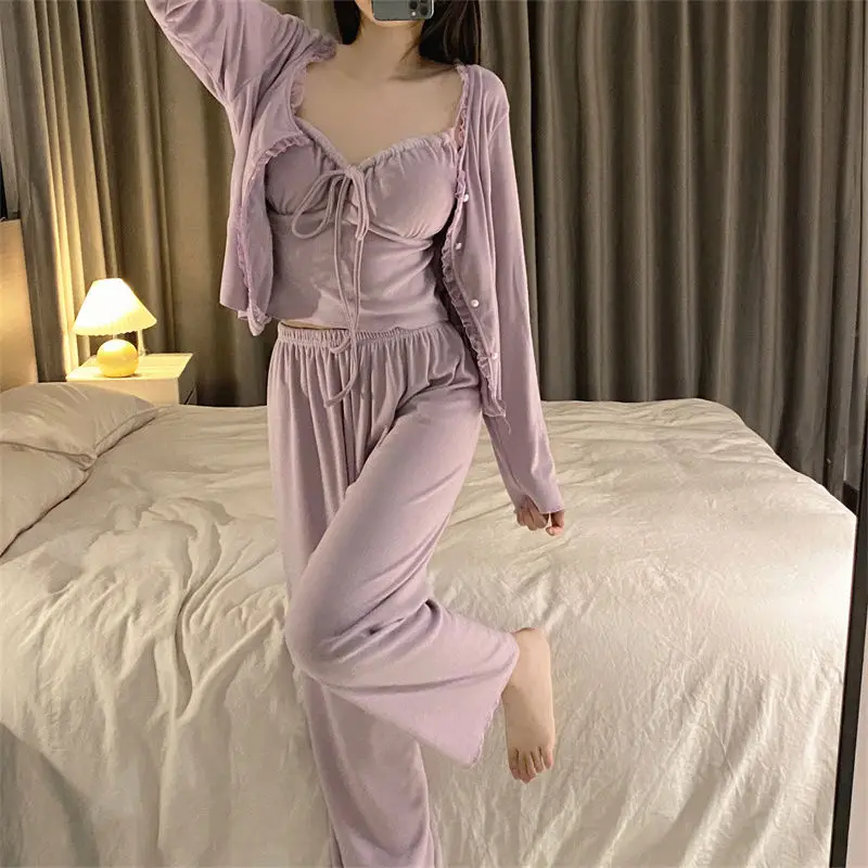 Solid Color Pajamas Sets Womens Outfit Strap Top Long Short Pants Sleepwear Suit Girl Spring Summer Comfotable Home Clothing XXL