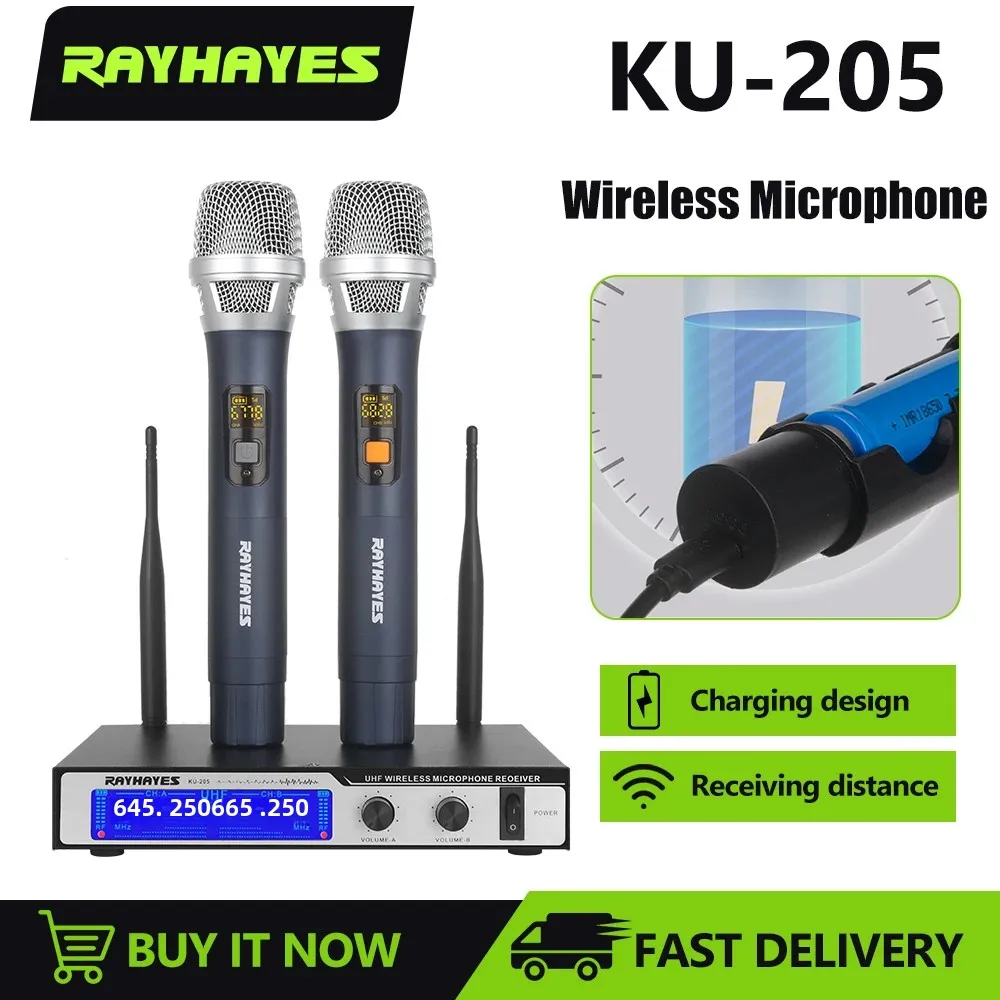 RAYHAYES KU-205 Professional Wireless Microphone 2 Channels Rechargeable Dynamic Microphone System Noise Reduction For Karaoke