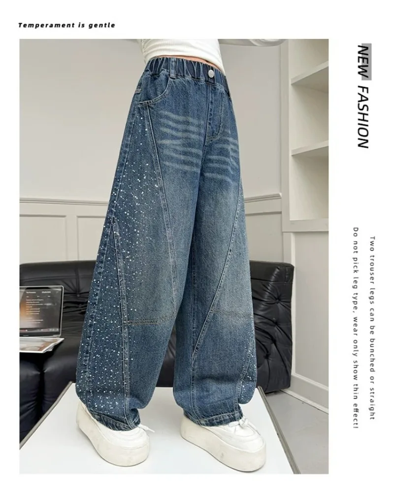 Kinder Mädchen Jeans UNITIM Herbst Junge Teenager Mädchen Glänzende Denim-Hosen Lose Elastische Taille Junior 4-14J Mädchen Weite Hosen – Detail 9