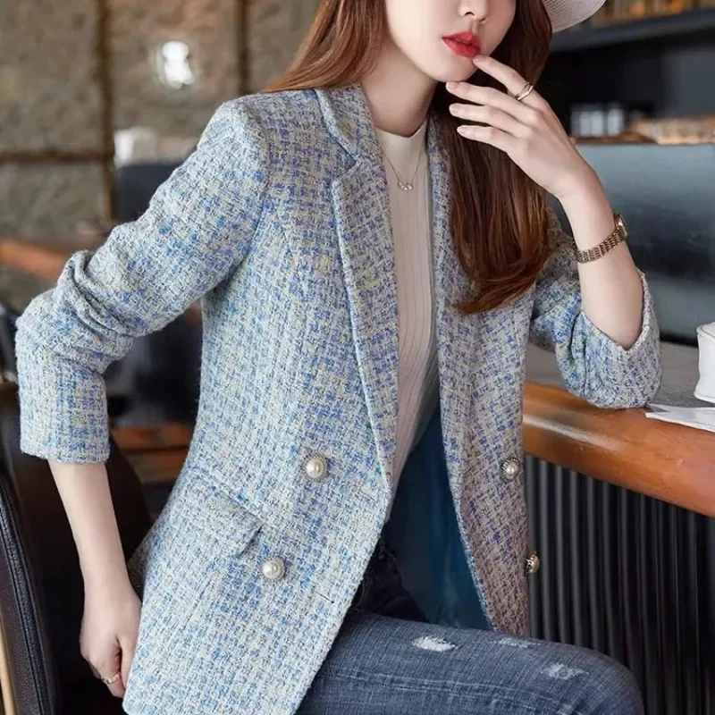 2023 nuove donne giacca primavera moda doppio petto Tweed Blazer cappotto Vintage manica lunga femminile capispalla Chic Top 2023