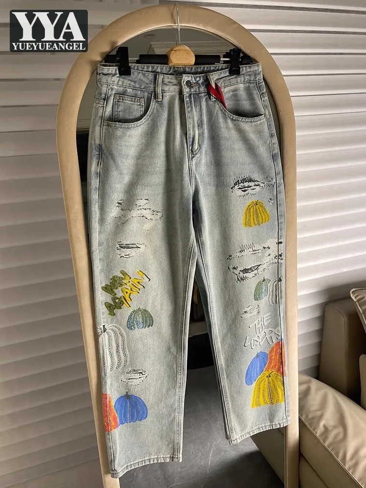 Mens Colorful Graffiti Printed Casual Jeans Streetwear Loose Fit Straight Denim Pants Pockets Long Cowboy Trousers Harem Pants