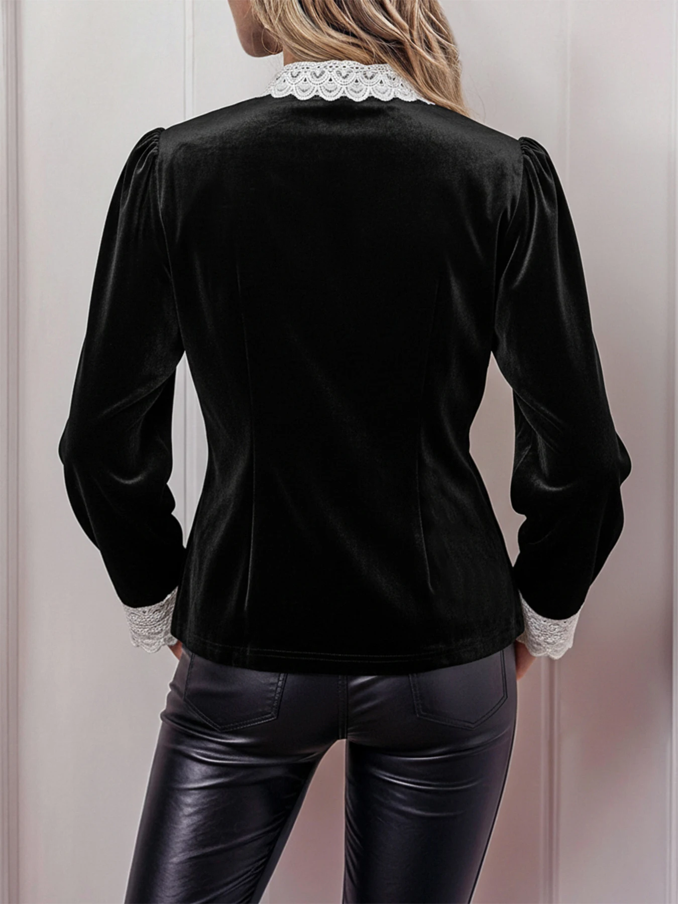 Grensoverschrijdende buitenlandse handel herfst en winter nieuw Frans retro hofstijl kanten patchwork strik fluwelen overhemd voor dames