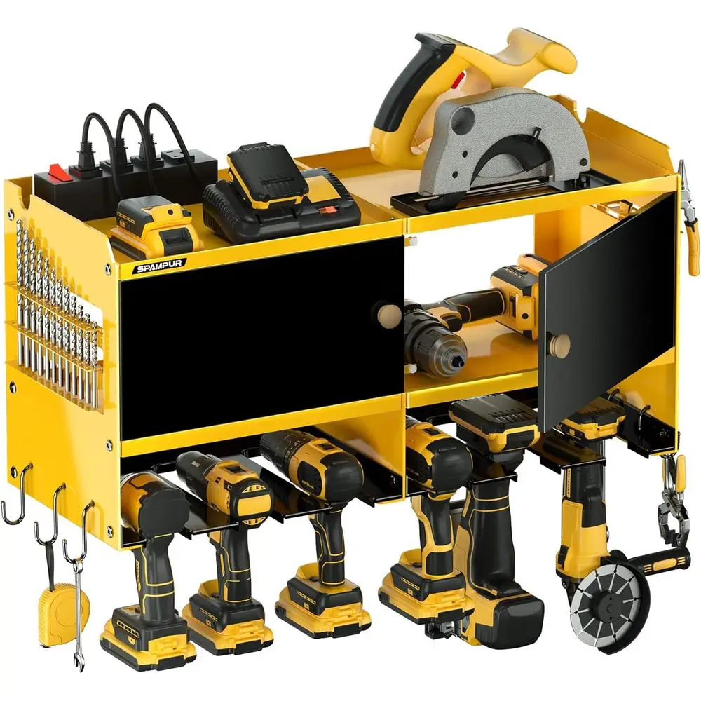 

Настенный органайзер для электроинструментов для гаража с зарядной станцией, 4 выходами и 6 держателями для сверл — металлический шкаф для хранения