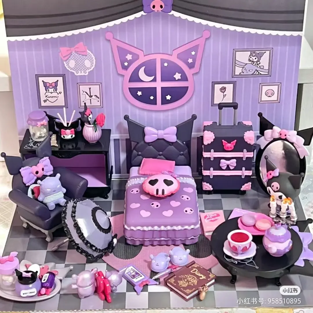 

Rement Sanrio Kuromi's Gothic Room Ugly Fish Hunton's Room Miniature Scene Food Play Desktop Ornaments Simulation Model Toy Gift