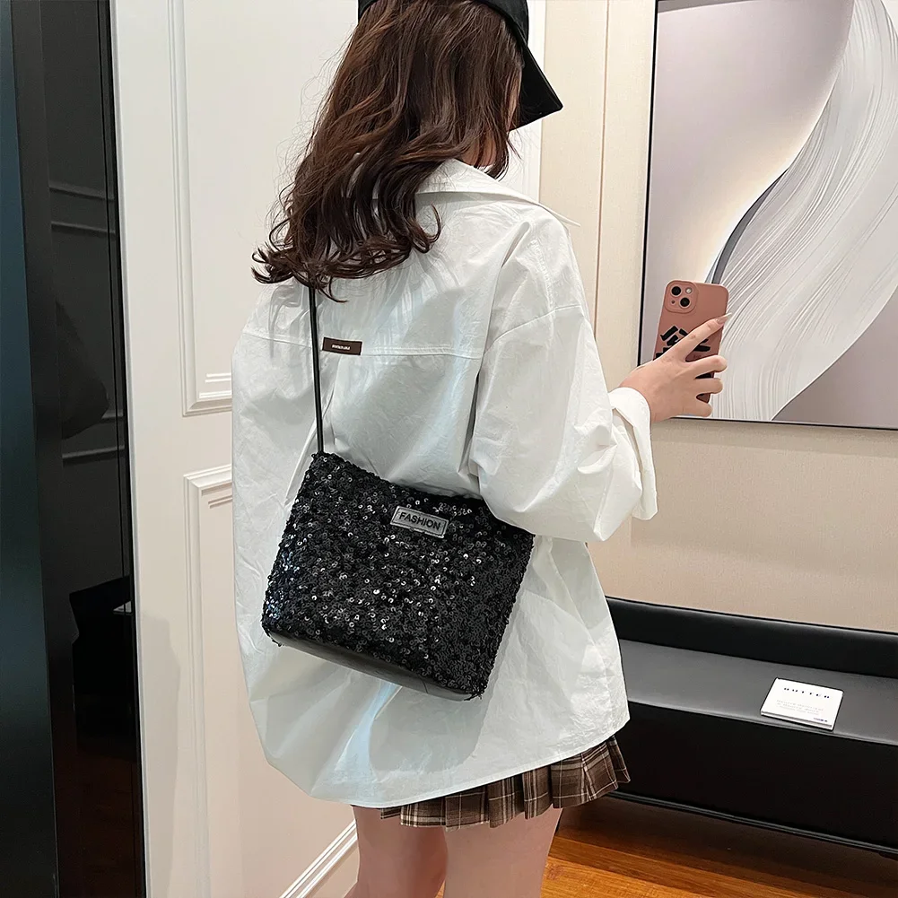 Women Shinny Crossbody Bag Solid Color Sparkling Tote Handbag Large Capacity Glitter Satchel Bag Ladies Outdoor Daily Bag