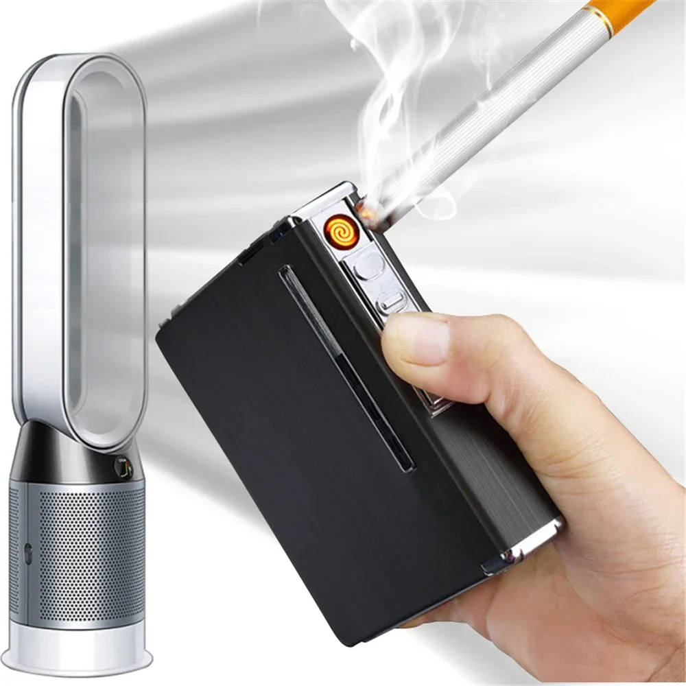 Portable Automatic Cigarette Case With Lighter 20Pcs Capacity Metal Cigarette Boxes Windproof USB Charging Box Cigarette Holder