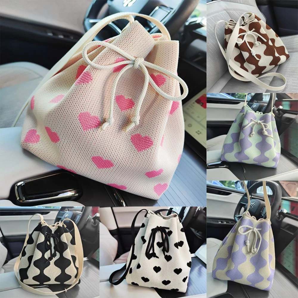 

Trendy Knitted Bag Hot Sale Large Capacity Casual Drawstring Bucket Bag Lunch Box Bag Party