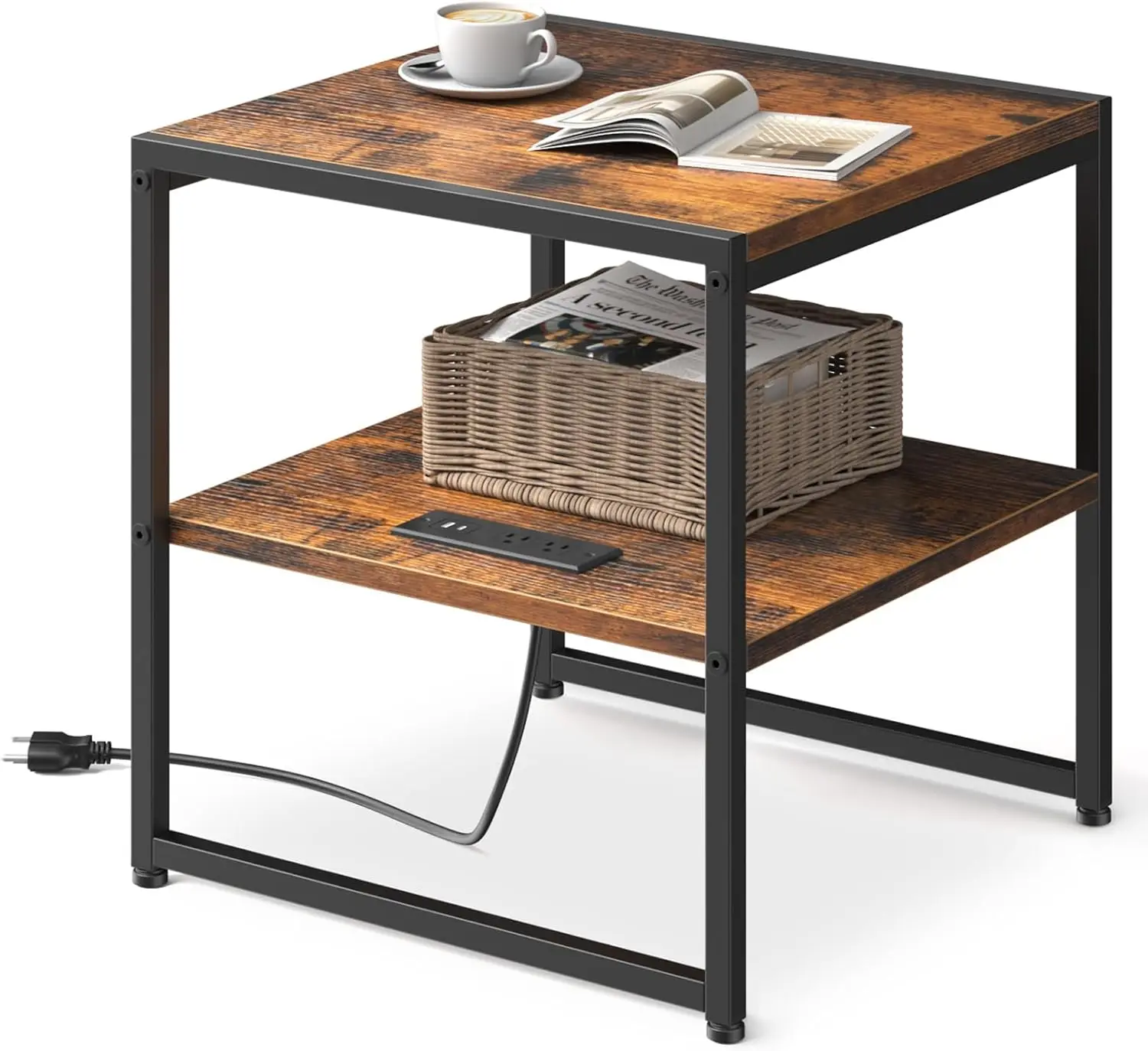 

Industrial Square End Table with Charging Station, 2-Tier Nightstand with USB Ports & Outlets for Bedroom Living Room