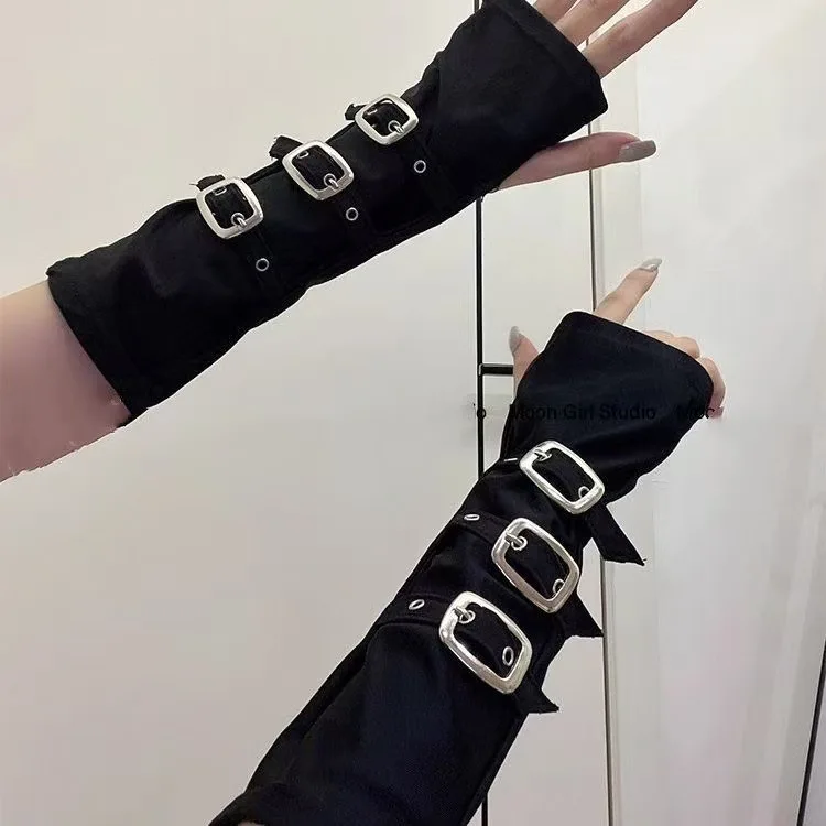 Y2K Subculture Punk Style Metal Buckle Half Finger Gloves Arm Sleeves for Cosplay Convention Wasteland Fashion Sun Protection