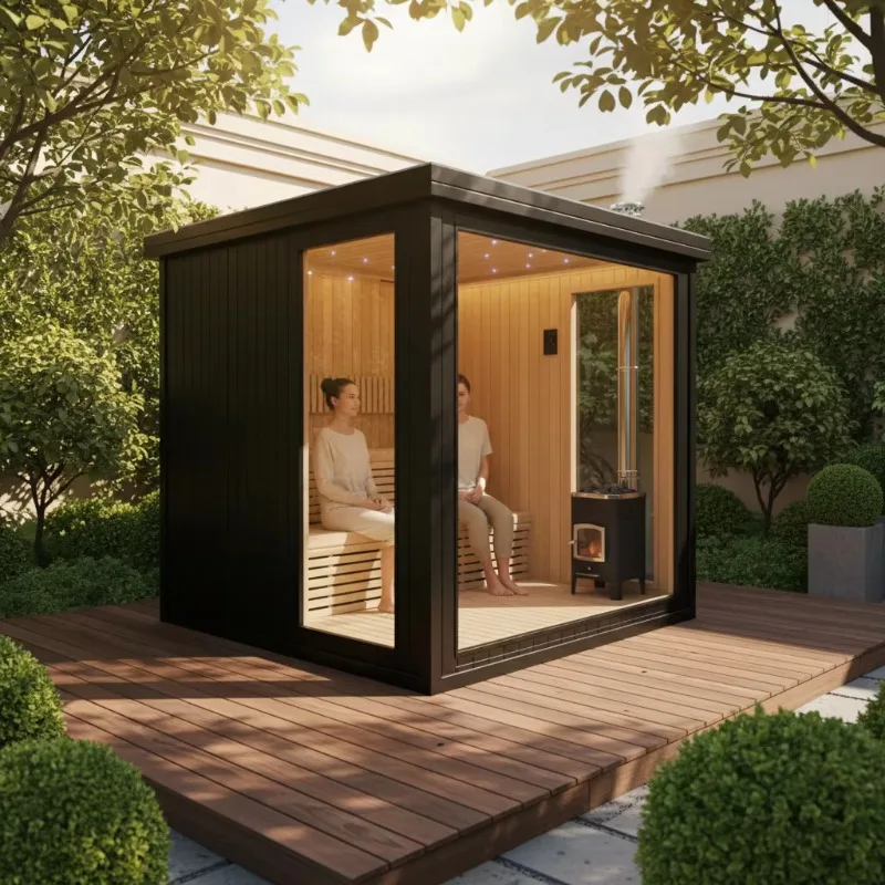 Outdoor 3 Person Traditional Sauna Hemlock 6KW Computer Control Dry Steam Far Infrared Custom