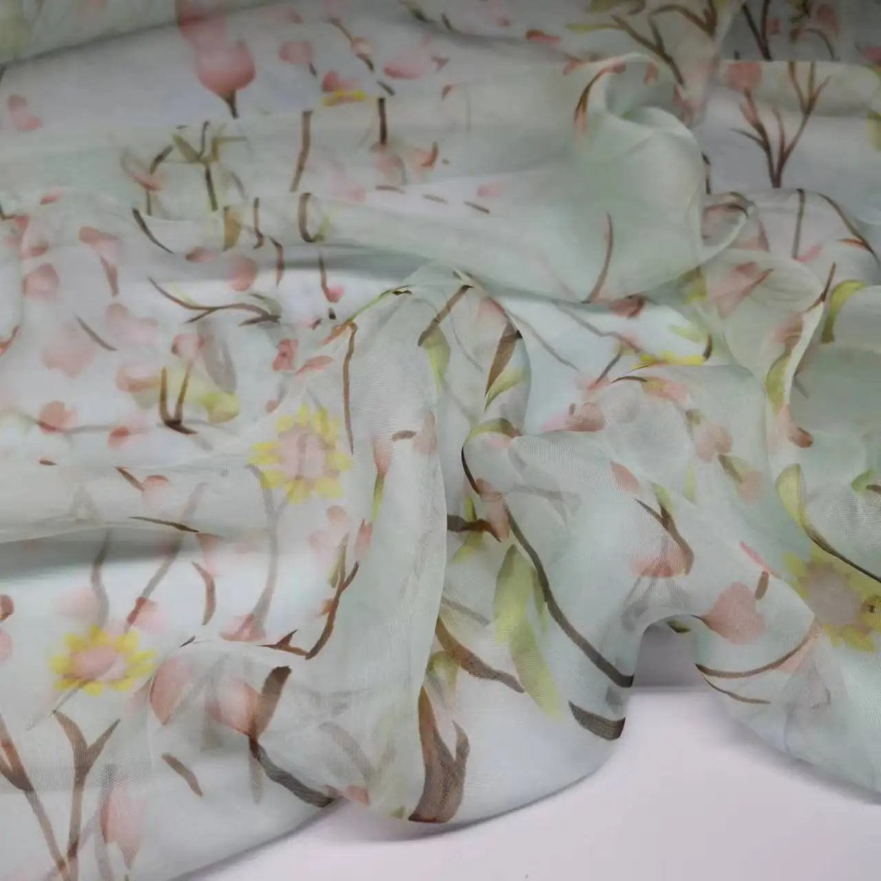 Floral Pure Silk Chiffon Thin Fabric Width 135cm Soft 6mm Dress Scarf DIY Sewing Material