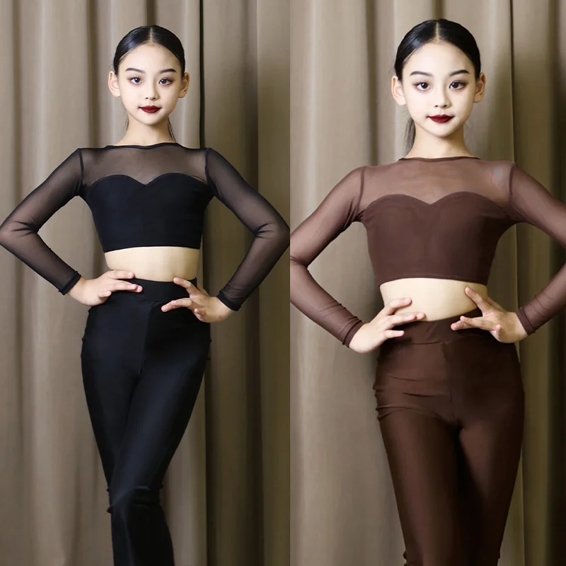 

Одежда для латинских танцев для девочек, сетчатый топ с длинными рукавами, брюки-клеш, костюм, брюки для танцев чача-румба, тренировочный костюм DQL9460