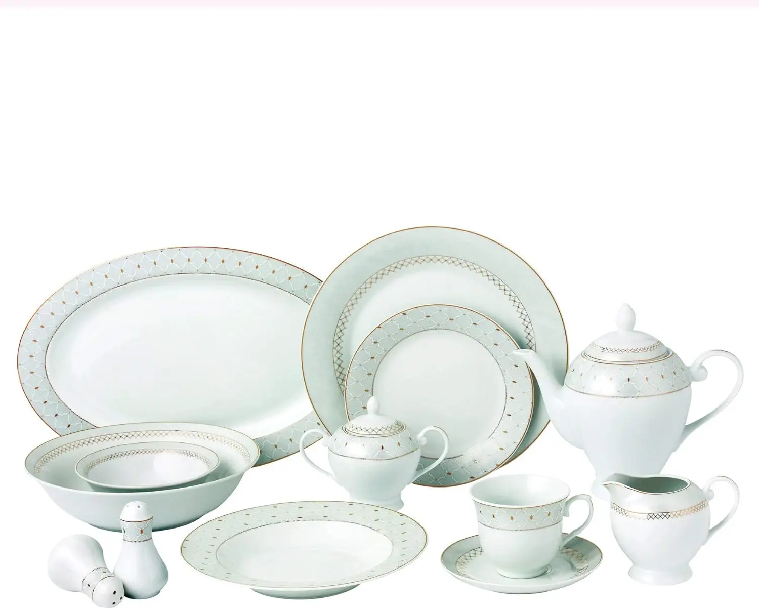 

57Piece Gold Border Porcelain Dinnerware Set-Service For 8-Carlotta-Mix & Match