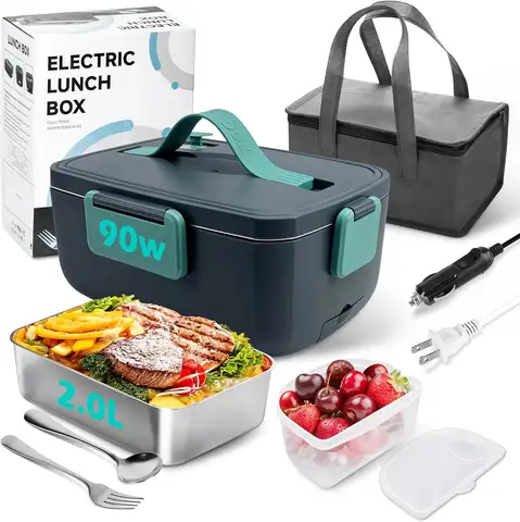 Electric Heated Lunch Box 2L Stainless Steel Food Warmer with Fork Spoon, Portable Hot Lunch Box for Adults, Green