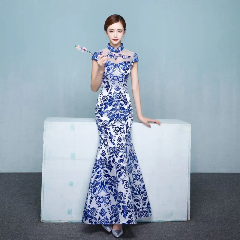 

Blue and white porcelain cheongsam fashion show long Chinese-style etiquette host dress improved for women
