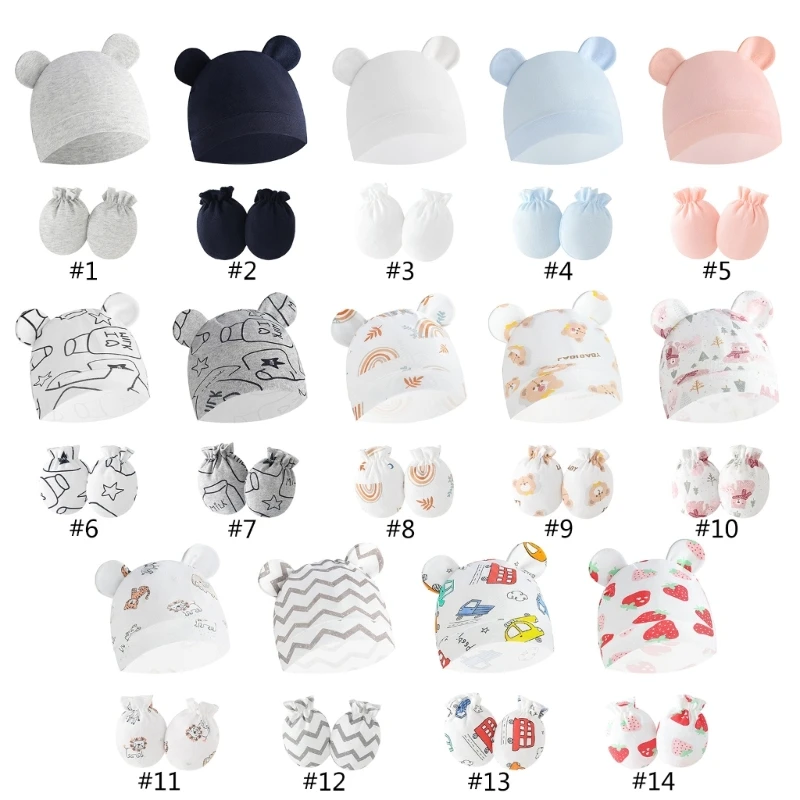 Newborn Baby Hat & Anti Scratch Gloves Set Cotton Headwear Anti-grab Mittens and Hospital Caps for Boys Girls