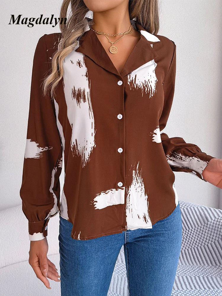 Magdalyn Women Notched Print Blouse Fashion Long Sleeves Casual Elegant Loose Buttons Blouses Office Lady Bohemian Chiffon Tops