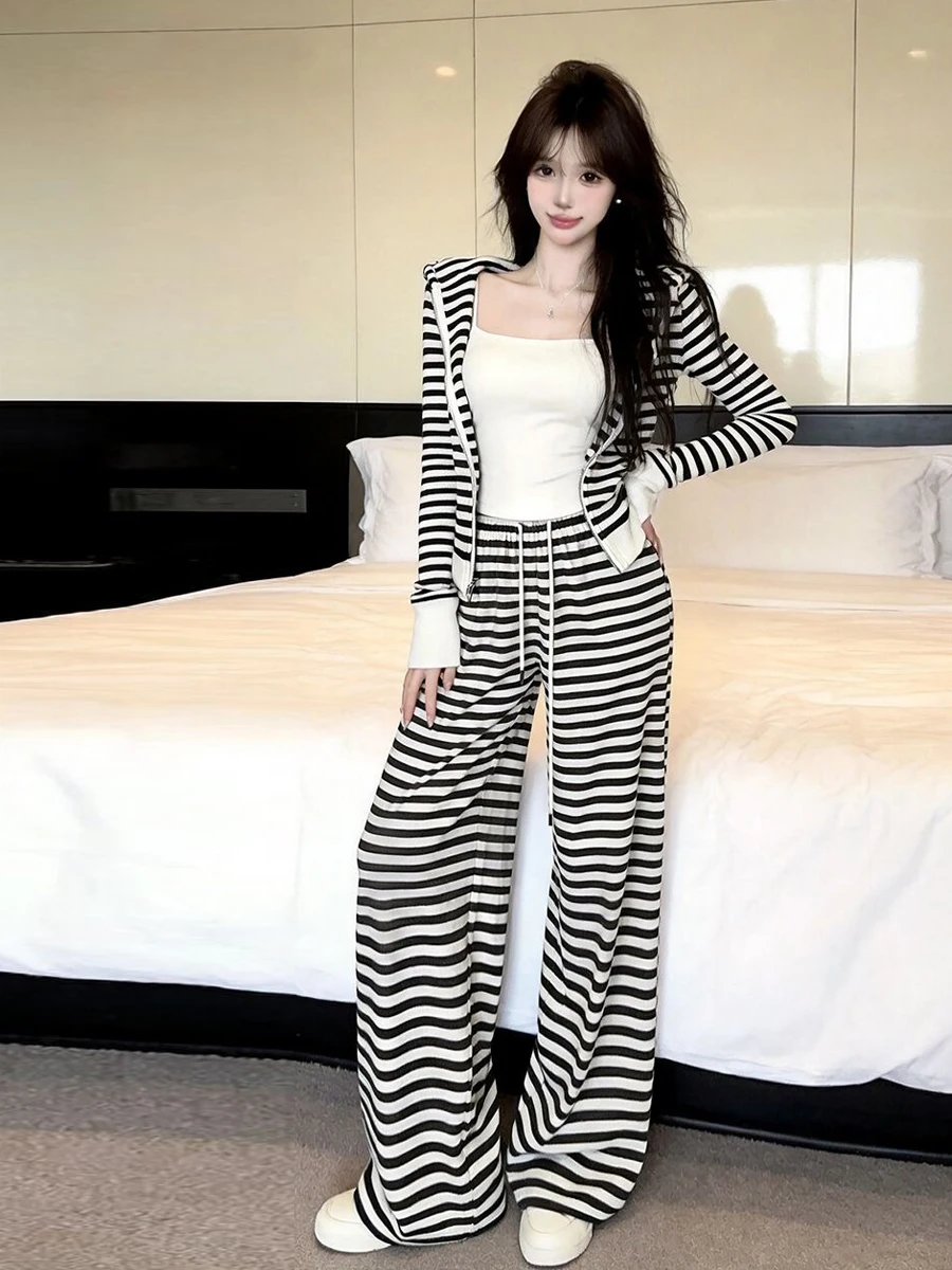 Casual Sporty Style Women's Set with Strap Vest Long Sleeve Inner Wear Striped Wide Leg Pants Elastic Waist Sexy Fashion
