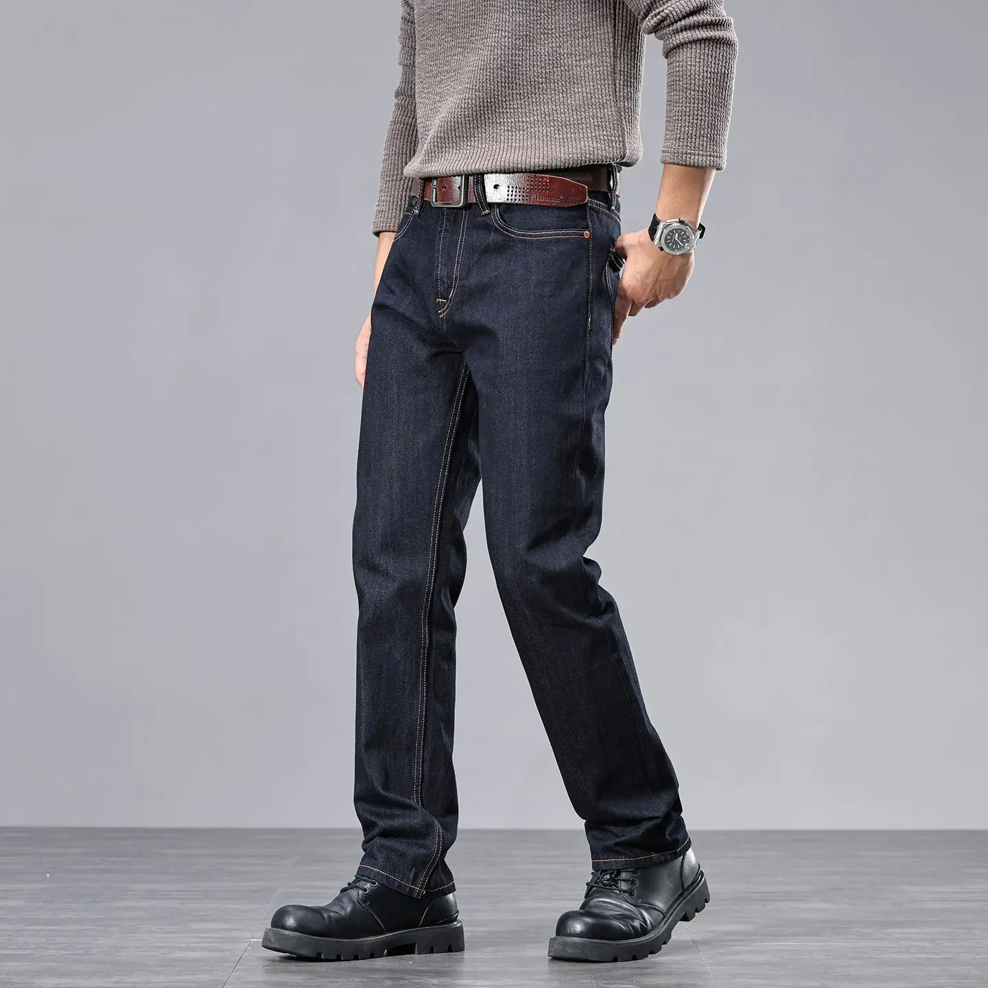 Men's Topstitched Streetwear Denim Jeans 2026 Autumn New Arrival Regular Straight Fit Durable Washed 100% Cotton Pants Trendy