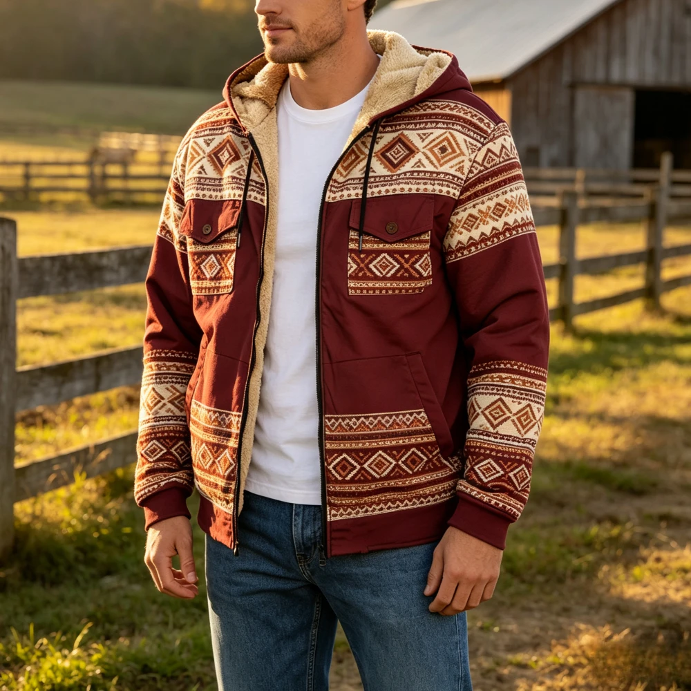 Men's Fleece Lined Aztec Jacket Ethnic Geometric Print Full Zip Hooded Winter Coat Warm Outwear Casual Streetwear