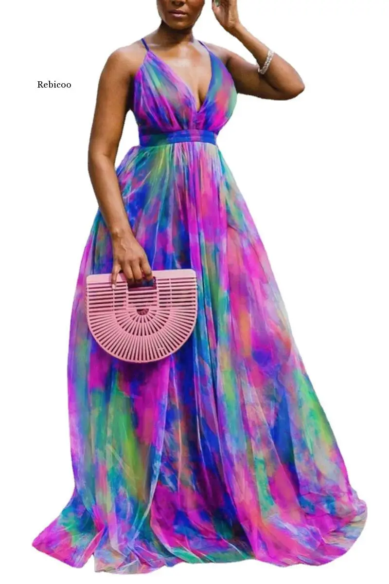 Kleur Blok V-Hals Vrouwen Maxi Jurk Tot Vloer Lange Strandjas Afrikaanse Feest Vakantie Zomerjurken Sexy Rugloos