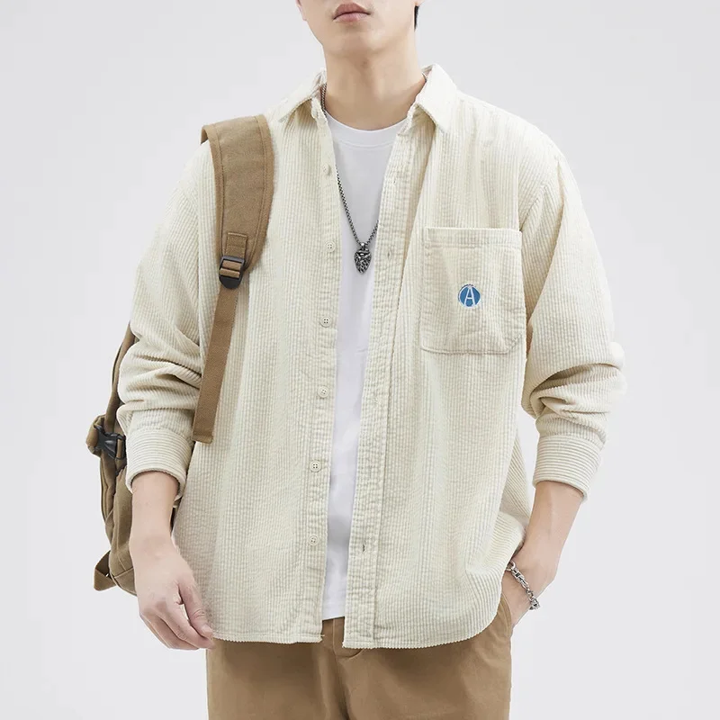 Winter corduroy Japanese work shirt men's trendy brand loose large size casual khaki handsome jacket top