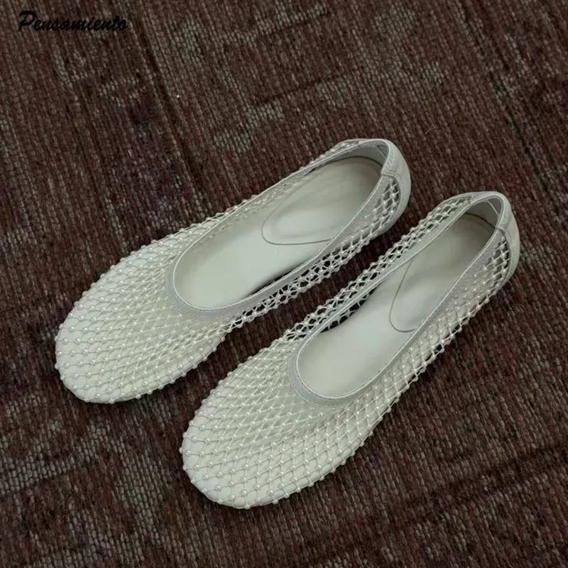 

Летние модные балетки 2026 года с перфорацией и жемчугом, удобные, с мягкой подошвой, сетчатые, повседневные туфли-лоферы для прогулок