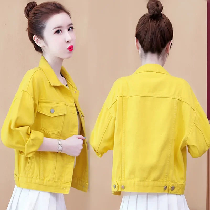 

Fashion Pink White Purple Yellow Denim Jackets Women Loose Casual Short Cowboy Outerwear Long Sleeve Jeans Jacket Coat Female