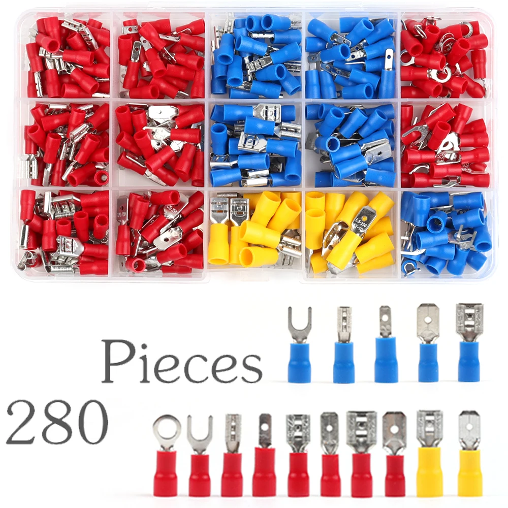 

280PCS Wiring Cold Crimp Terminals Boxed PVC Insulated Terminal Block Spade Pair Connector Male Female Splice Terminals Kit