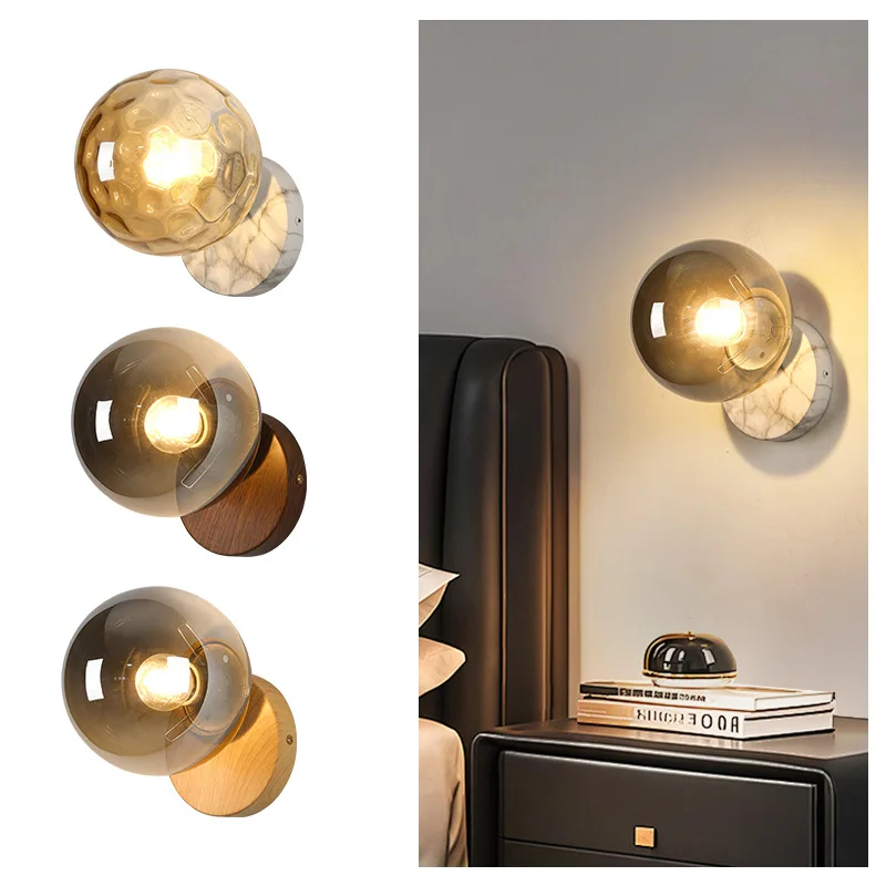 2026 New Walnut Wood Tone Wall Lamp Natural Marble Glass Wall Sconce Reading Light for Villa Corridor Bedroom Bedside