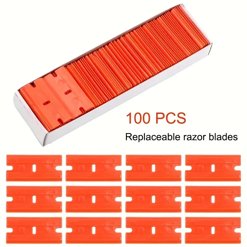 100 High Quality Plastic Razor Blades with Stable Grip - Durable Orange Blade with Black Handle for Easy Removal of Labels, Glue