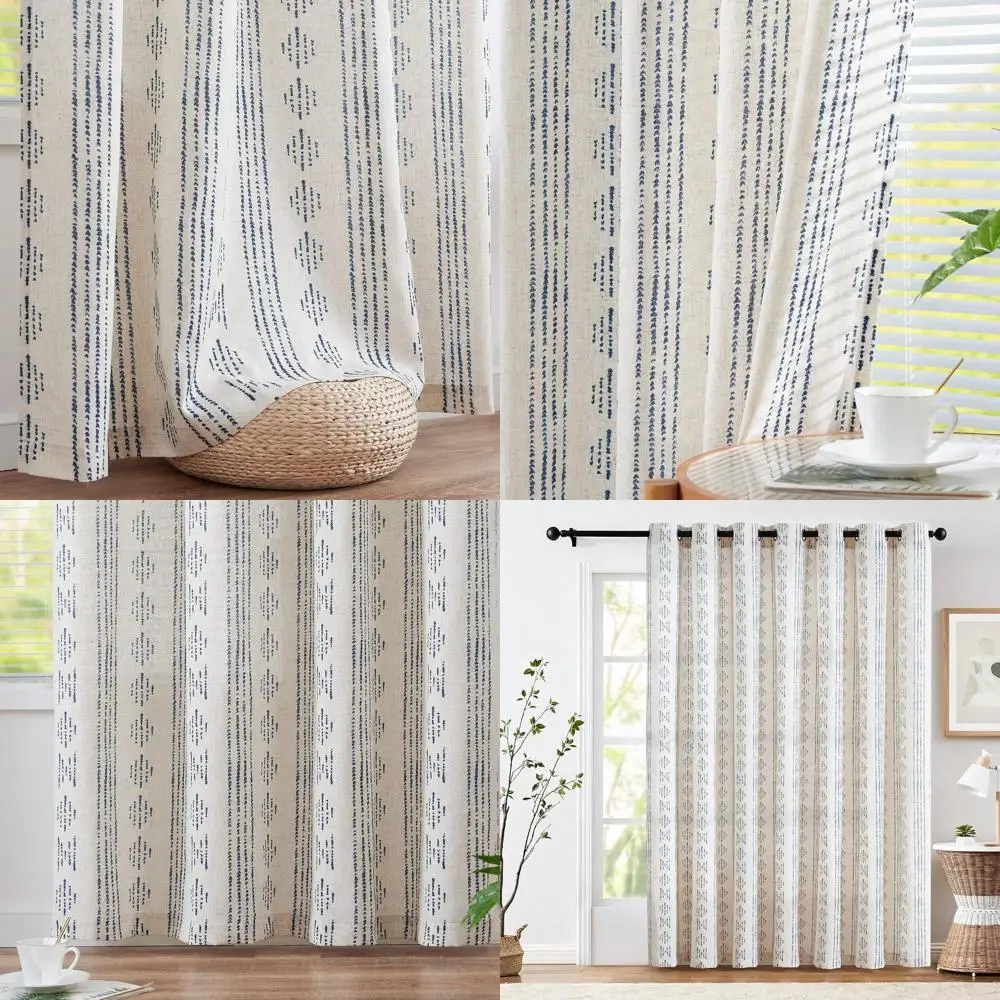 

Linen Blend Blue Geometric Striped Patio Door Curtains, 84 Long, 1 Panel, Light Filtering, Grommet Top for Farmhouse Style