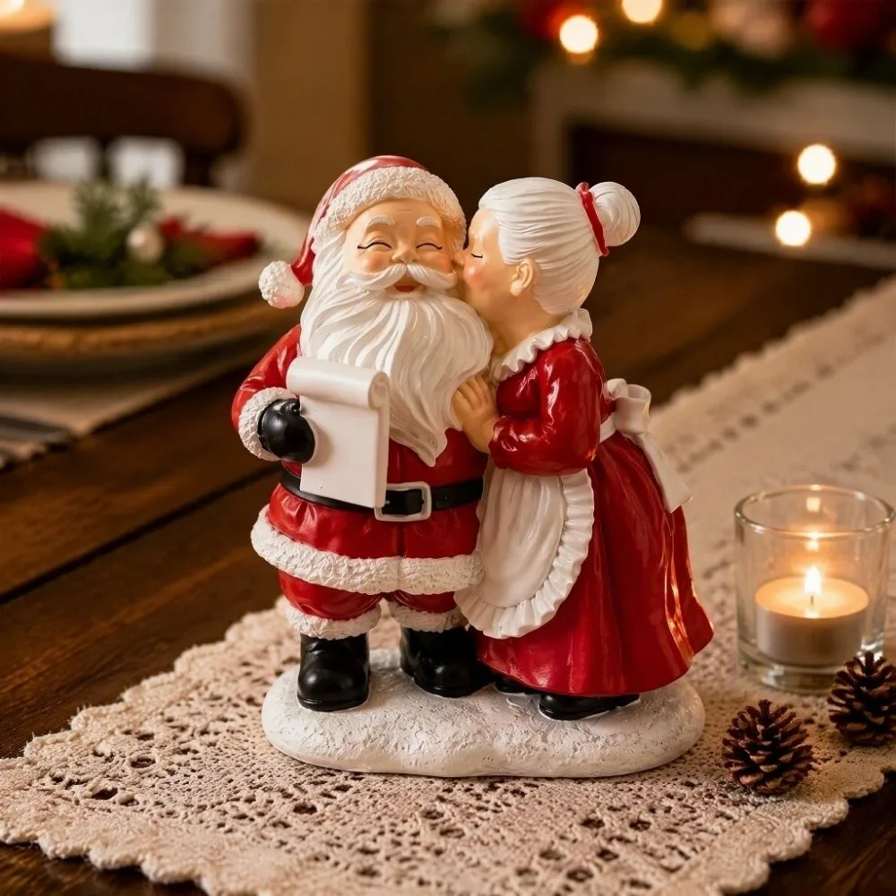 Resin Santa Couple Statue Red White Vintage Style Christmas Couple Ornament Detailed Decorative Santa Claus Figurine Home Decor