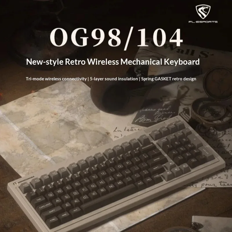 FL·ESPORTS OG104/OG98 Wireless Tri-mode Retro Mechanical Keyboard 12000mAh Gasket Hot Swap PC Esports Laptop Gaming Keyboards