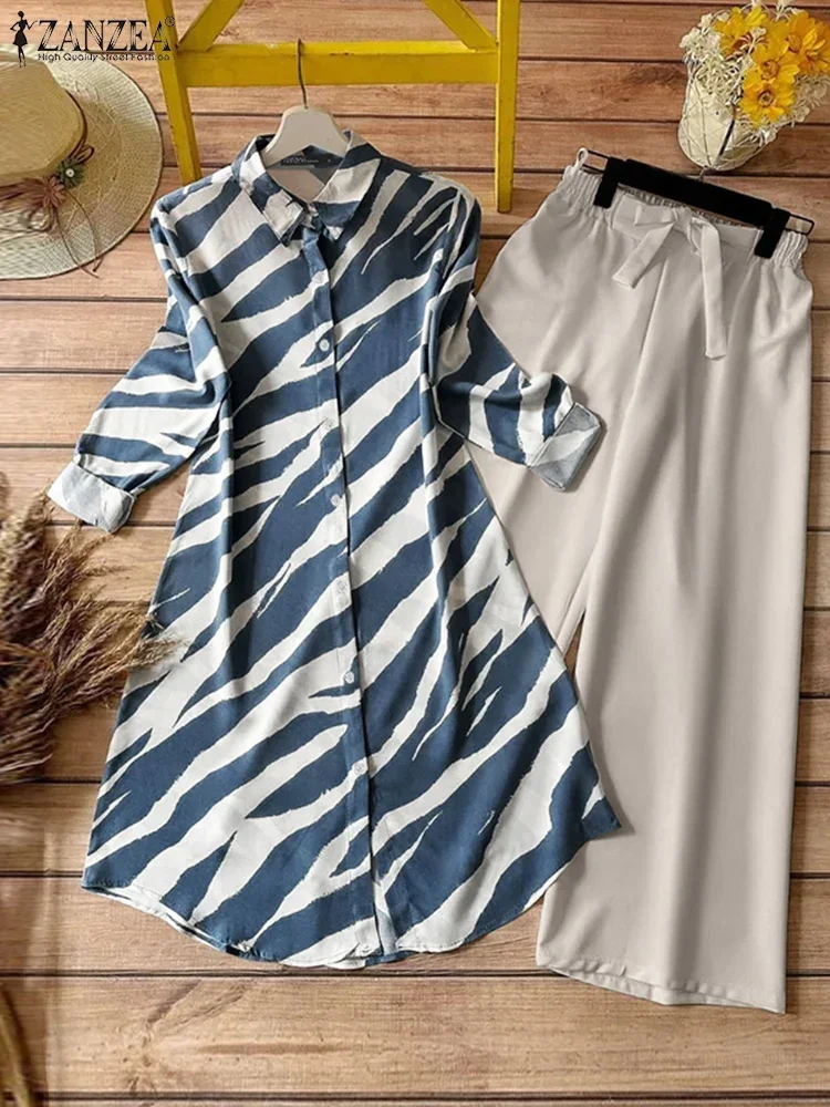 ZANZEA 2025 Fashion Office Lady Pant Sets Vintage Zebra Printed Long Shirt Wide Leg Trouser Suit Tracksuit Casual Matching Sets