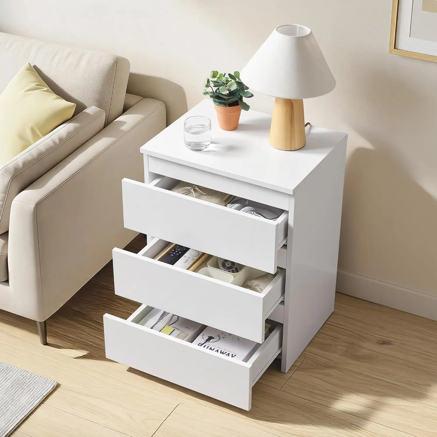 Small Nightstand with 3 Drawers, Bedroom Storage Dresser, White view 4