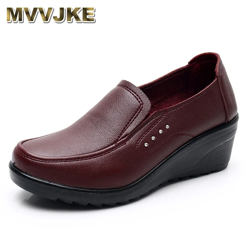 MVVJKE Spring And Autumn New Women\'s Single Shoes Wedges Soft Sole Comfortable Large Size Mother\'s Leather Mid-heel Pumps