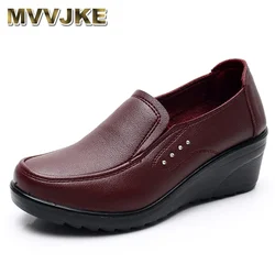 MVVJKE Spring And Autumn New Women's Single Shoes Wedges Soft Sole Comfortable Large Size Mother's Leather Mid-heel Pumps